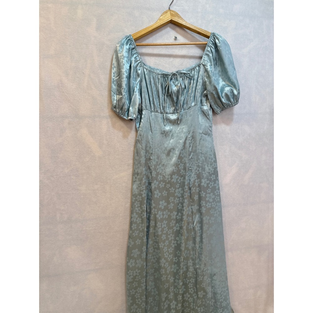 Shein‎ Blue Floral Midi Dress Puff Sleeve Tie Front Square Neck Size Small